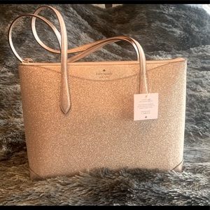 Beautiful Kate Spade large tote, rose gold with glitter fabric.